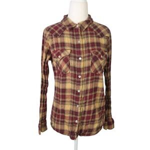 Wrangler mustard yellow and burgundy red plaid shirt Womens S